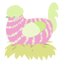 A pink and apple chicken with a bar pattern