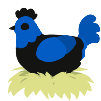 A black and ultramarine chicken with a head pattern