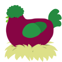 A maroon and viridian chicken