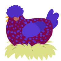 A wine and indigo chicken with a speckle pattern