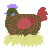 A olive and red chicken with a lace pattern