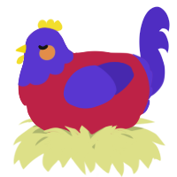 A crimson and indigo chicken with a head pattern