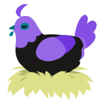 Grimace Miku, a sable and blurple chicken with a head pattern