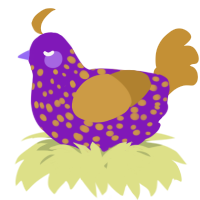 A violet and gold chicken with a speckle pattern