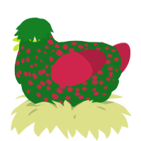A leaf and crimson chicken with a speckle pattern