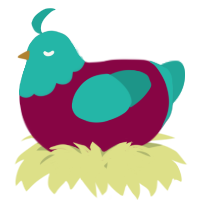 A maroon and turquoise chicken with a head pattern