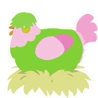 A grass and pink chicken with a head pattern