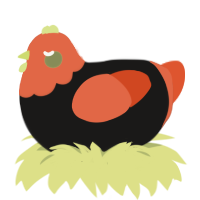Halloweenie, a sable and vermilion chicken with a head pattern