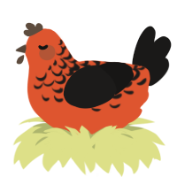 A vermilion and sable chicken with a half-lace pattern