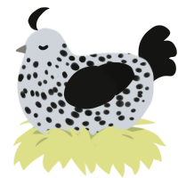 Pee, a mist and black chicken with a speckle pattern