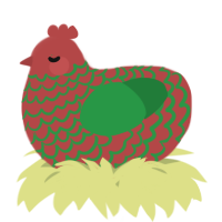 A red and viridian chicken with a lace pattern