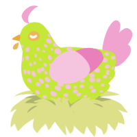 A lime and pink chicken with a speckle pattern