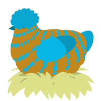 A ochre and cerulean chicken with a bar pattern