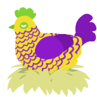 A yellow and violet chicken with a lace pattern
