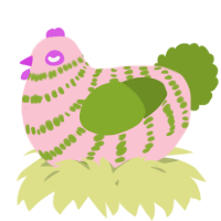 A rose and chartreuse chicken with a bar pattern