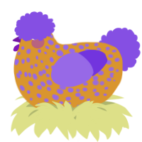 A orange and blurple chicken with a speckle pattern