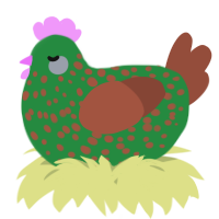 A viridian and russet chicken with a speckle pattern