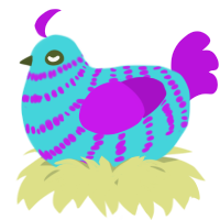 A aqua and amethyst chicken with a bar pattern