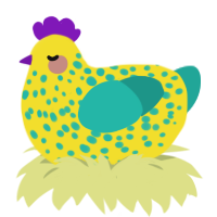 Banana of Conquest, a yellow and turquoise chicken with a speckle pattern
