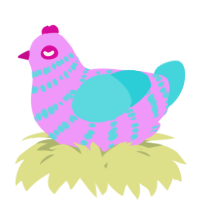 A lavender and aqua chicken with a bar pattern