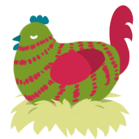 A chartreuse and crimson chicken with a bar pattern