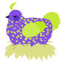 A blurple and lime chicken with a speckle pattern