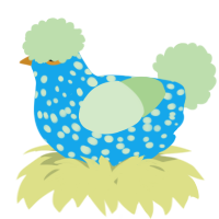 A sky and gluppy chicken with a speckle pattern