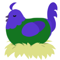 A leaf and indigo chicken with a head pattern