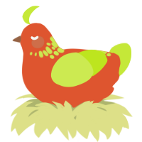 A vermilion and lime chicken with a neck-speckle pattern