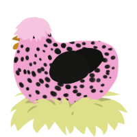 A pink and black chicken with a speckle pattern