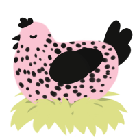 A rose and black chicken with a speckle pattern