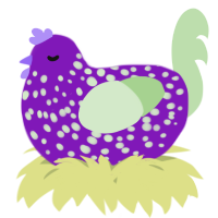 A violet and gluppy chicken with a speckle pattern