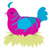 A fuchsia and cerulean chicken with a half-bar pattern