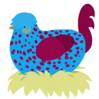 berry blue, a sky and maroon chicken with a speckle pattern