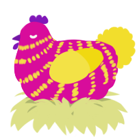 A fuchsia and yellow chicken with a bar pattern