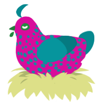 A fuchsia and teal chicken with a speckle pattern