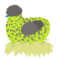 A lime and grey chicken with a speckle pattern