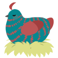 A teal and red chicken with a bar pattern