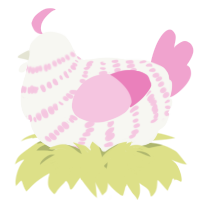 A white and pink chicken with a bar pattern