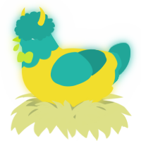 A yellow and turquoise chicken with a head pattern
