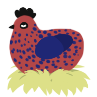 A red and navy chicken with a speckle pattern