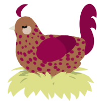 A brown and maroon chicken with a speckle pattern