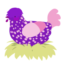 A violet and pink chicken with a speckle pattern