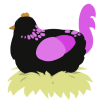 A black and orchid chicken with a neck-speckle pattern