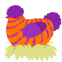 Thrifty, a vermilion and indigo chicken with a bar pattern