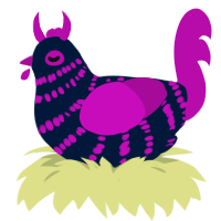Devilshrike, a tumblr and fuchsia chicken with a bar pattern
