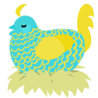 A aqua and yellow chicken with a lace pattern