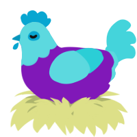 A violet and aqua chicken with a head pattern