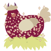 A fuchsia and mist chicken with a speckle pattern