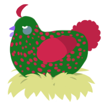 A leaf and crimson chicken with a speckle pattern